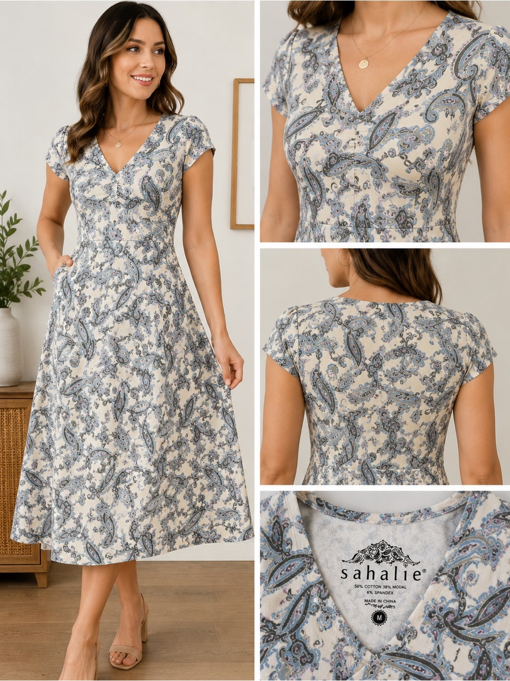 Sahalie Paisley Short Sleeve Midi Dress Medium